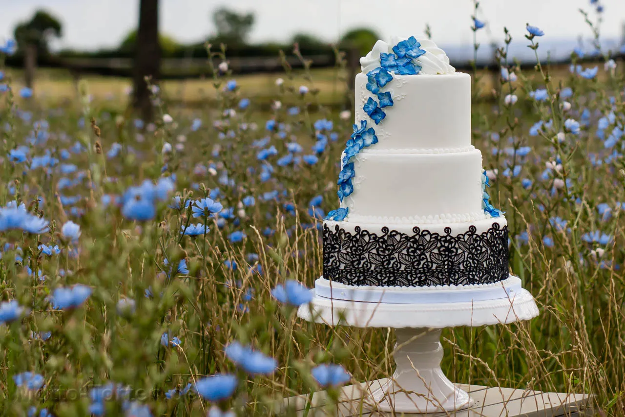 Dreistöckige Hochzeitstorte mit blauen Blüten und essbarer Spitze