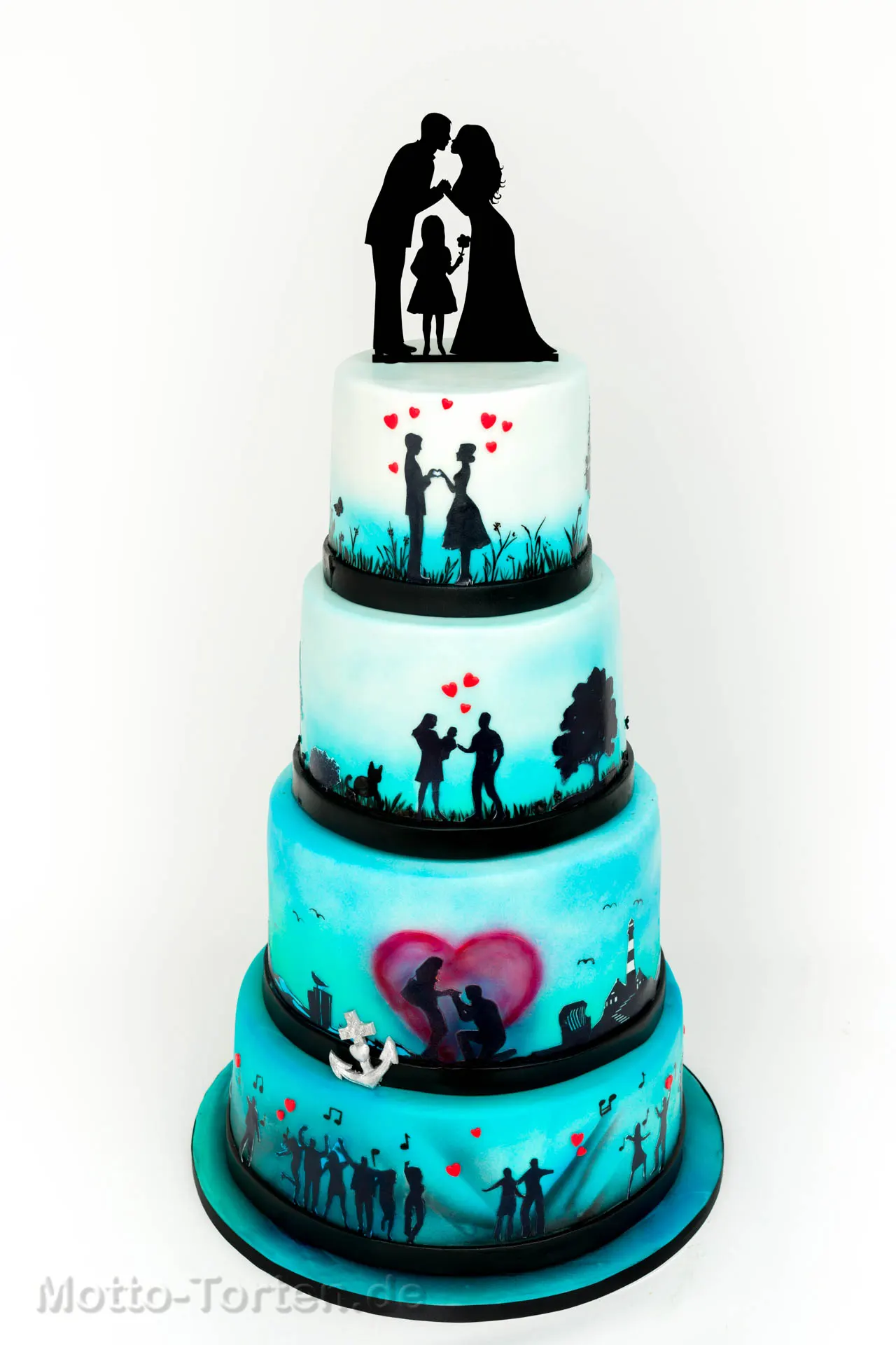 Dreistöckige Hochzeitstorte mit Farbverlauf und schwarzen Silhouetten, die Szenen aus der Geschichte des Brautpaares zeigen