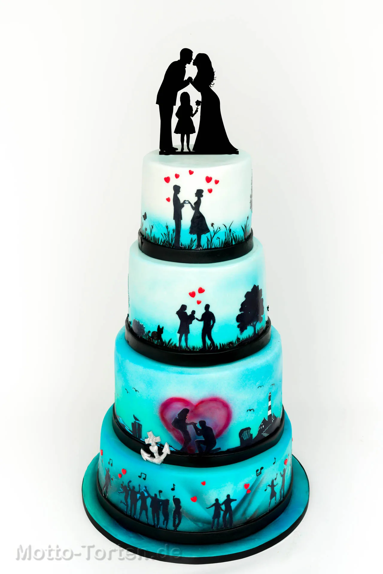 Dreistöckige Hochzeitstorte mit Farbverlauf und schwarzen Silhouetten, die Szenen aus der Geschichte des Brautpaares zeigen