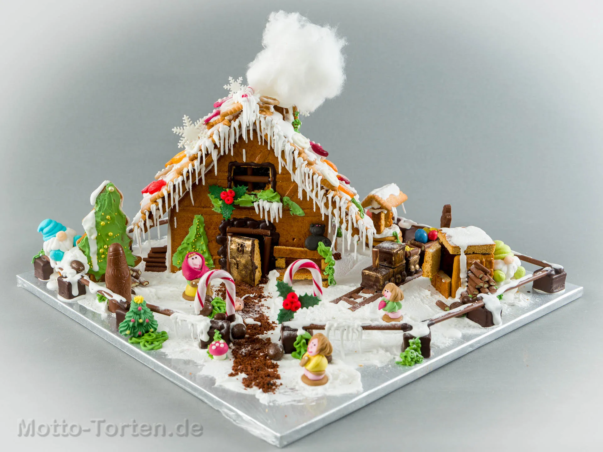 Lebkuchenhaus mit Eiszapfen aus Eiweißglasur, Zuckerstangen, Tannenbäumen, Figuren und einem Zug aus Schokolade in einer verschneiten Landschaft