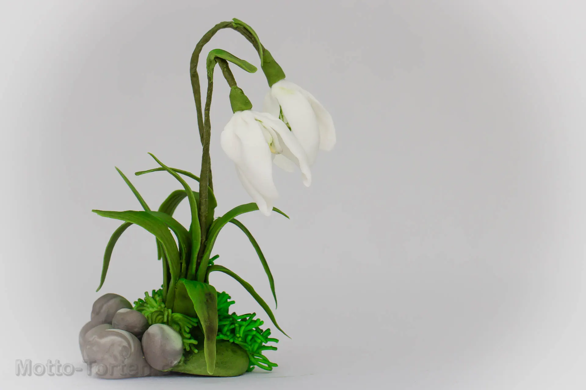 Von Hand modelliertes Schneeglöckchen aus Blütenpaste, mit grünen Blättern und Kieseln auf einem Sockel